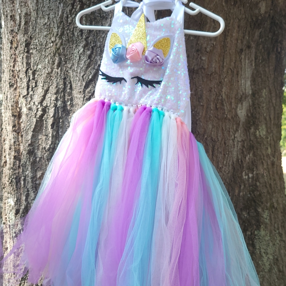 Colorfull Unicorn tulle sleeveles/ backless dress size 5
